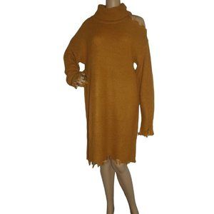 No Comment 3X Gold One Open Cold Shoulder Distressed Sweater Dress Tunic xxxl